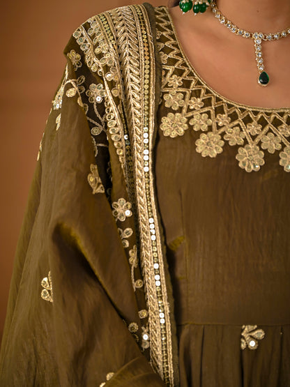 Avishkar Culture Olive Green NC Vichitra Fabric Fully Embroidered Anarkali Suit Set with Dupatta – Festive & Wedding Wear