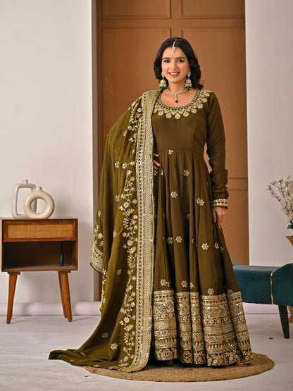 Avishkar Culture Olive Green NC Vichitra Fabric Fully Embroidered Anarkali Suit Set with Dupatta – Festive & Wedding Wear