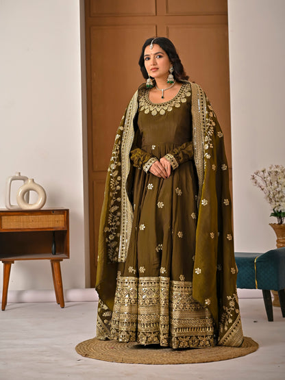 Avishkar Culture Olive Green NC Vichitra Fabric Fully Embroidered Anarkali Suit Set with Dupatta – Festive & Wedding Wear