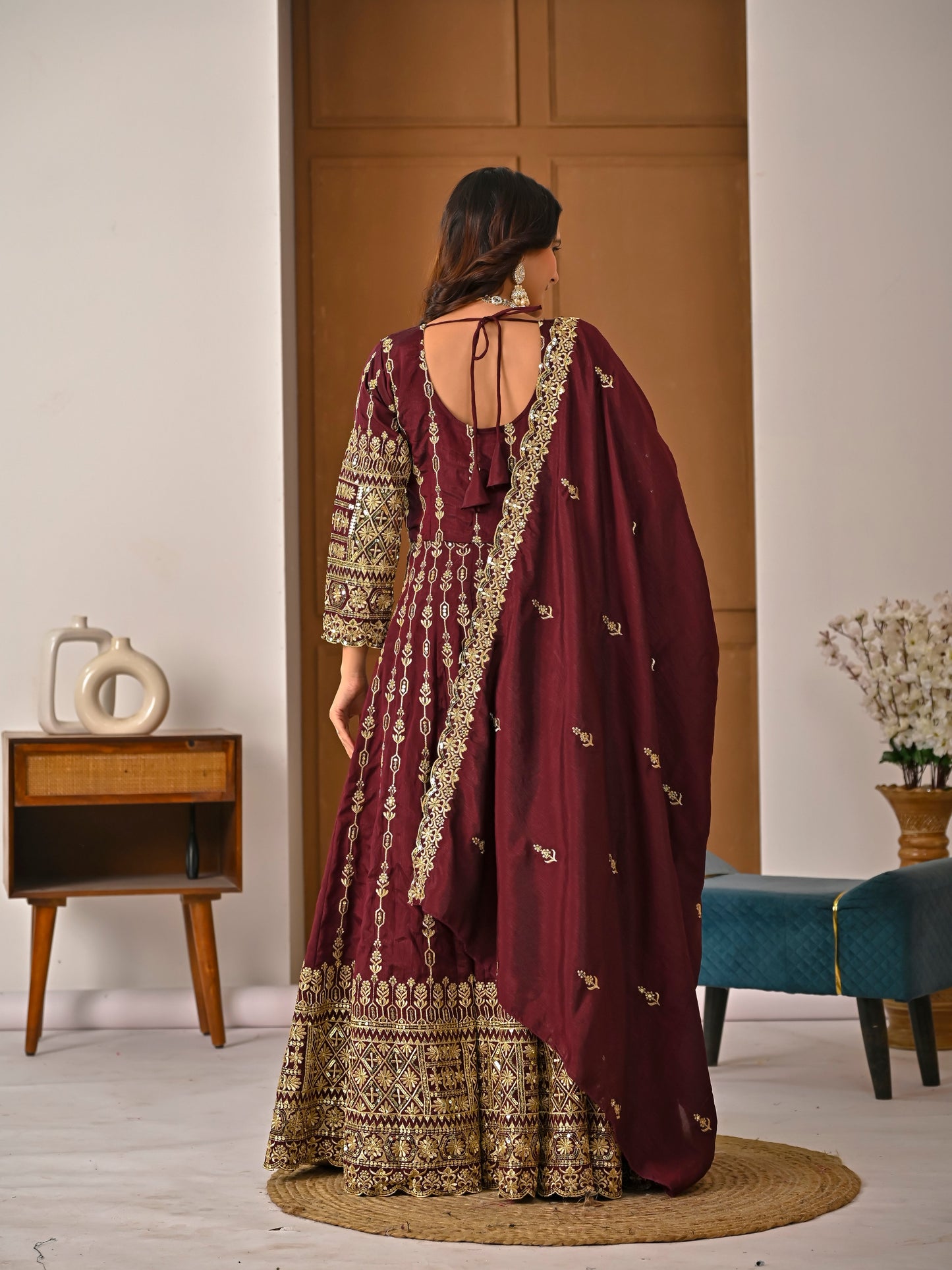 Women's Maroon Vichitra Silk Heavy Embroidered Kurta Palazzo Set with Dupatta