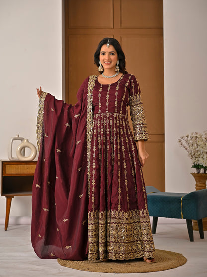 Women's Maroon Vichitra Silk Heavy Embroidered Kurta Palazzo Set with Dupatta