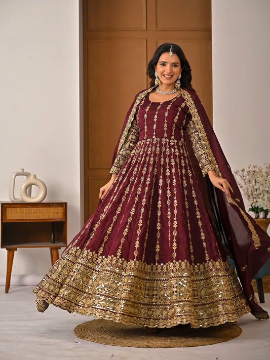 Women's Maroon Vichitra Silk Heavy Embroidered Kurta Palazzo Set with Dupatta