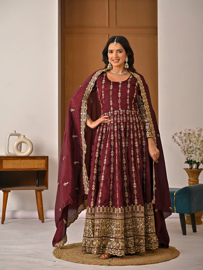 Women's Maroon Vichitra Silk Heavy Embroidered Kurta Palazzo Set with Dupatta