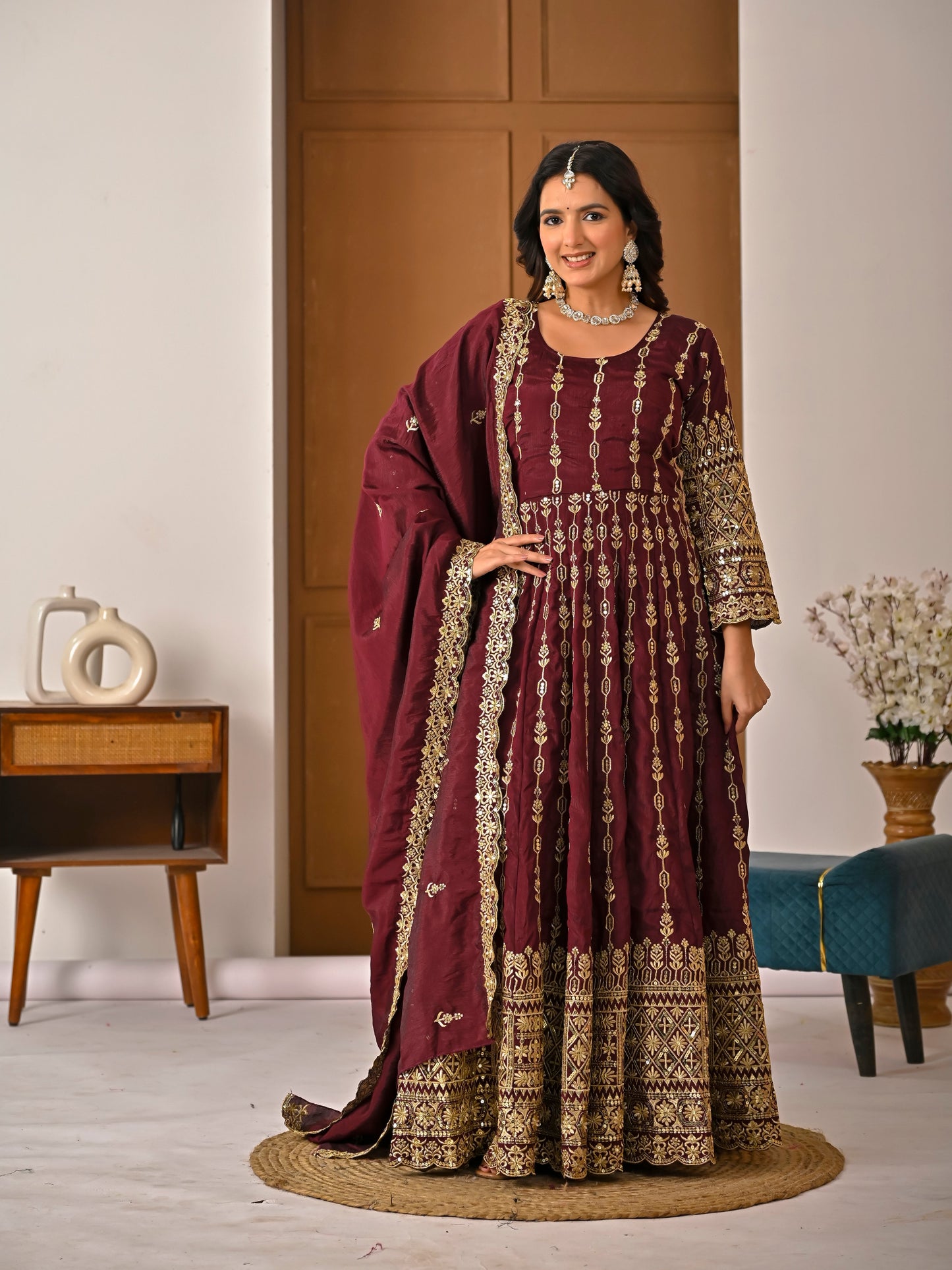 Women's Maroon Vichitra Silk Heavy Embroidered Kurta Palazzo Set with Dupatta