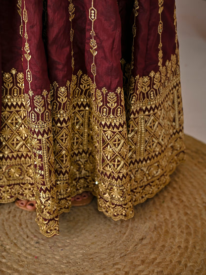 Women's Maroon Vichitra Silk Heavy Embroidered Kurta Palazzo Set with Dupatta