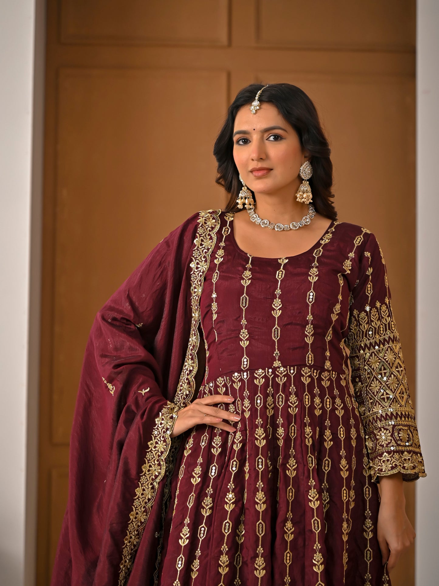 Women's Maroon Vichitra Silk Heavy Embroidered Kurta Palazzo Set with Dupatta