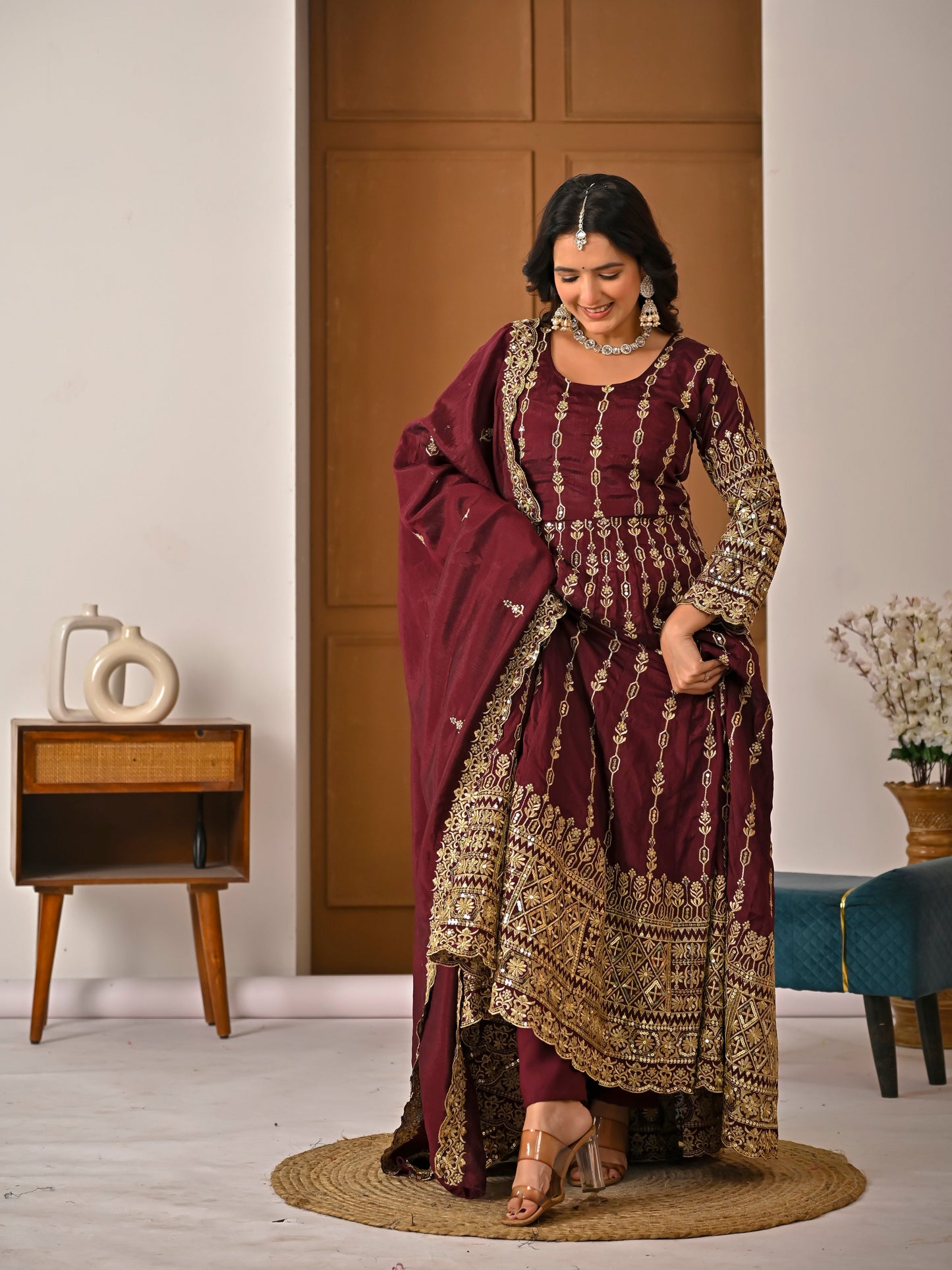 Women's Maroon Vichitra Silk Heavy Embroidered Kurta Palazzo Set with Dupatta