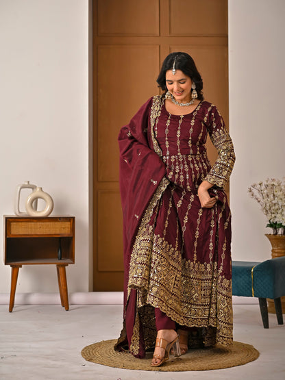 Women's Maroon Vichitra Silk Heavy Embroidered Kurta Palazzo Set with Dupatta