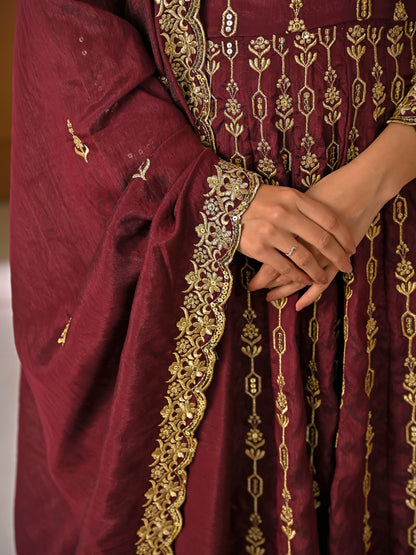 Women's Maroon Vichitra Silk Heavy Embroidered Kurta Palazzo Set with Dupatta