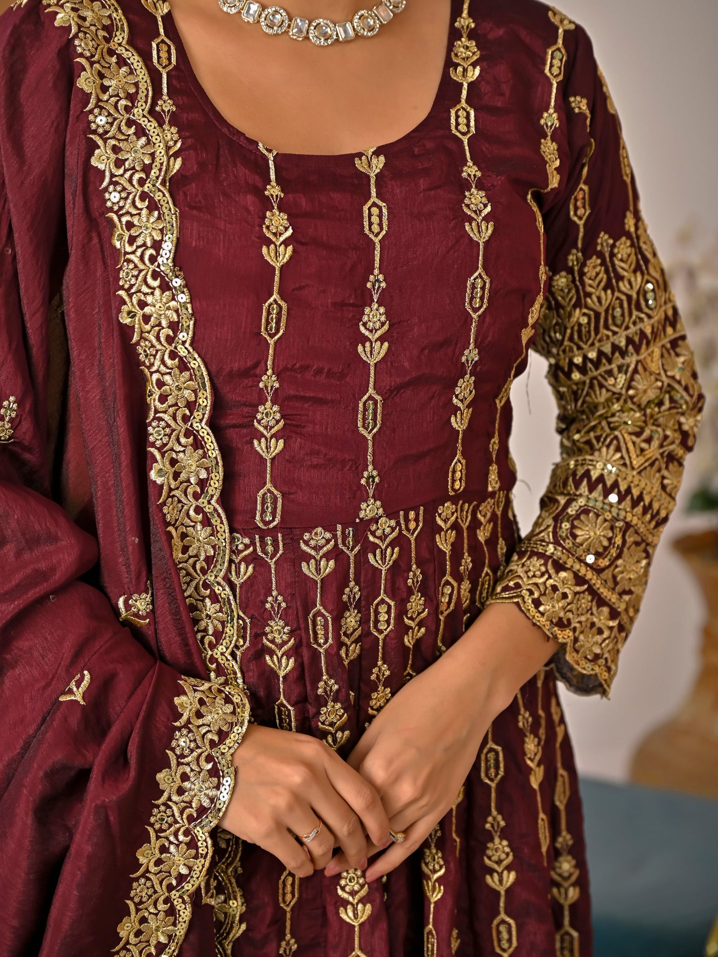 Women's Maroon Vichitra Silk Heavy Embroidered Kurta Palazzo Set with Dupatta