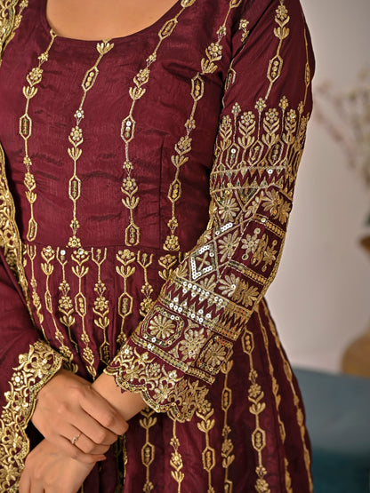 Women's Maroon Vichitra Silk Heavy Embroidered Kurta Palazzo Set with Dupatta