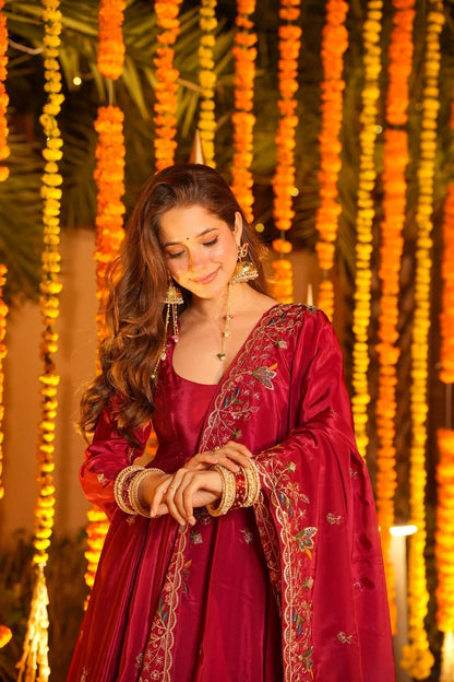 Avishkar Wine Organza Kurta Palazzo Set with Embroidered Dupatta