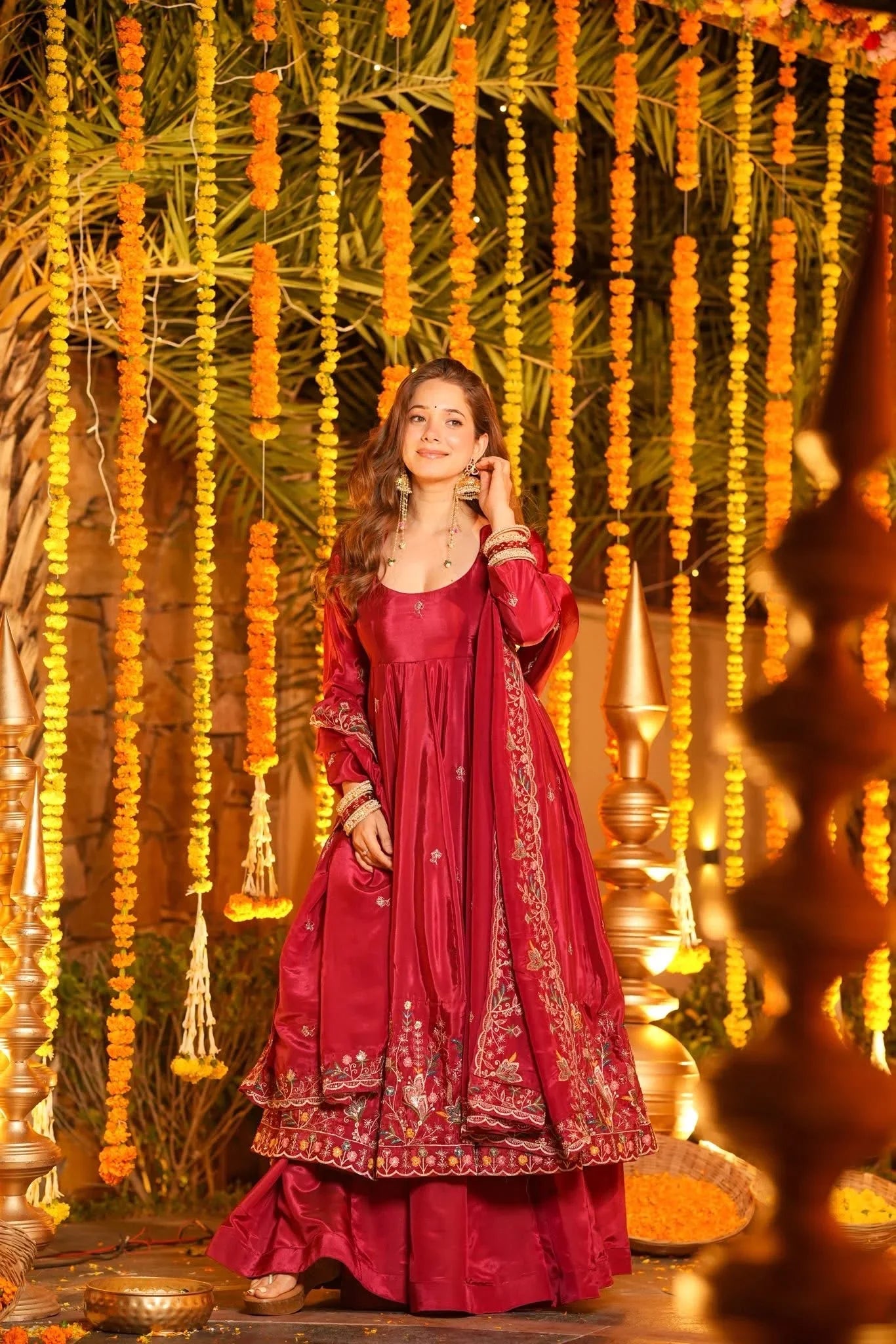 Avishkar Wine Organza Kurta Palazzo Set with Embroidered Dupatta