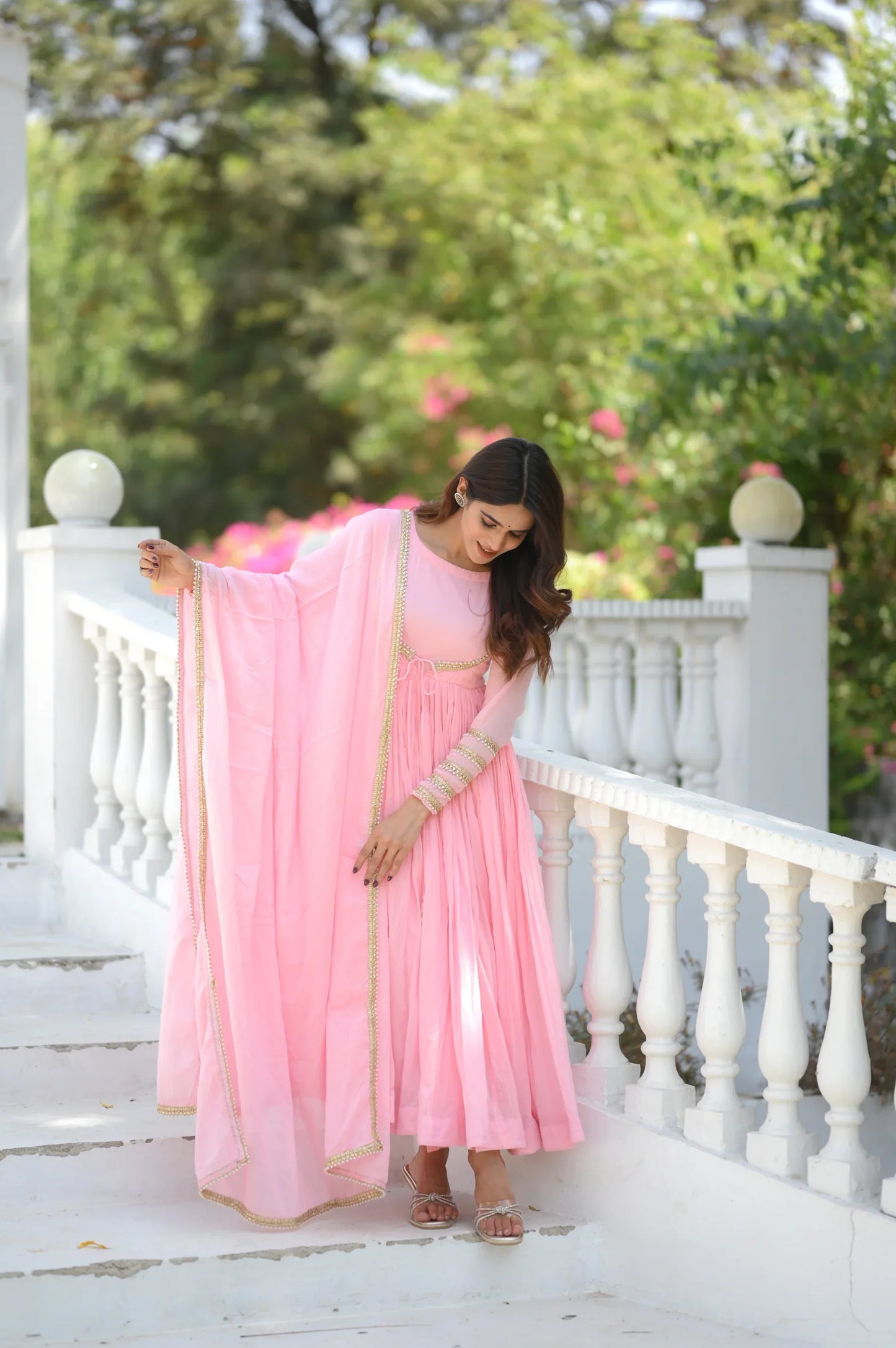 Women's Pink Mal Cotton Anarkali Kurta Set with Dupatta
