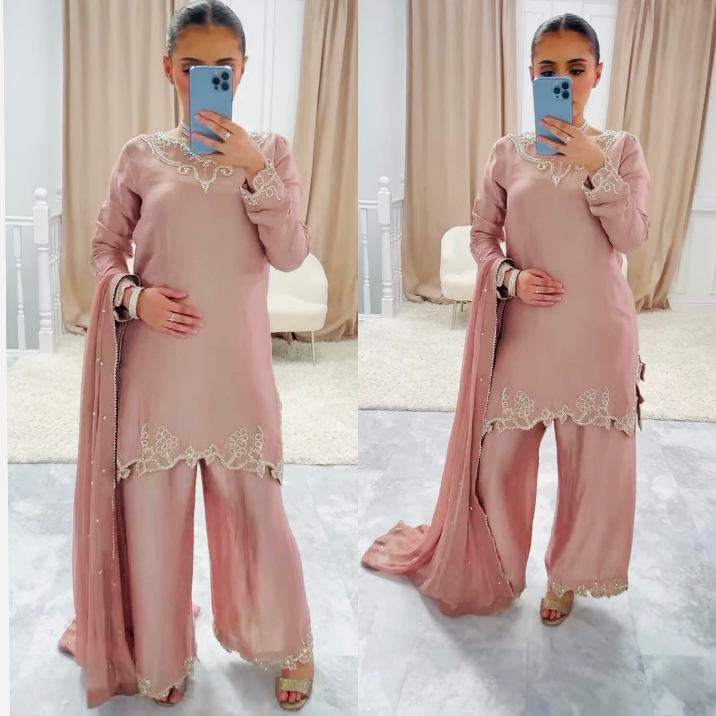 Designer Party Wear Crepe Silk Top with Farshi Salwar & Dupatta