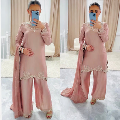 Designer Party Wear Crepe Silk Top with Farshi Salwar & Dupatta