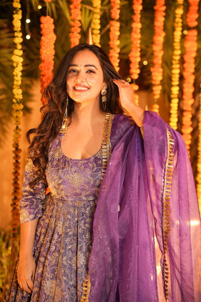 Women Purple Embroidered Anarkali Kurta Set with Organza Dupatta – Festive Wear