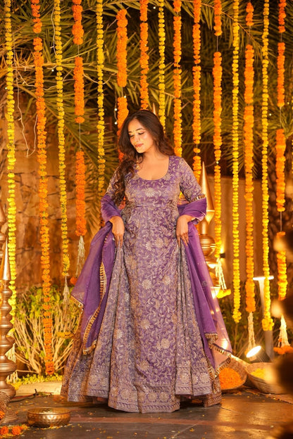 Women Purple Embroidered Anarkali Kurta Set with Organza Dupatta – Festive Wear