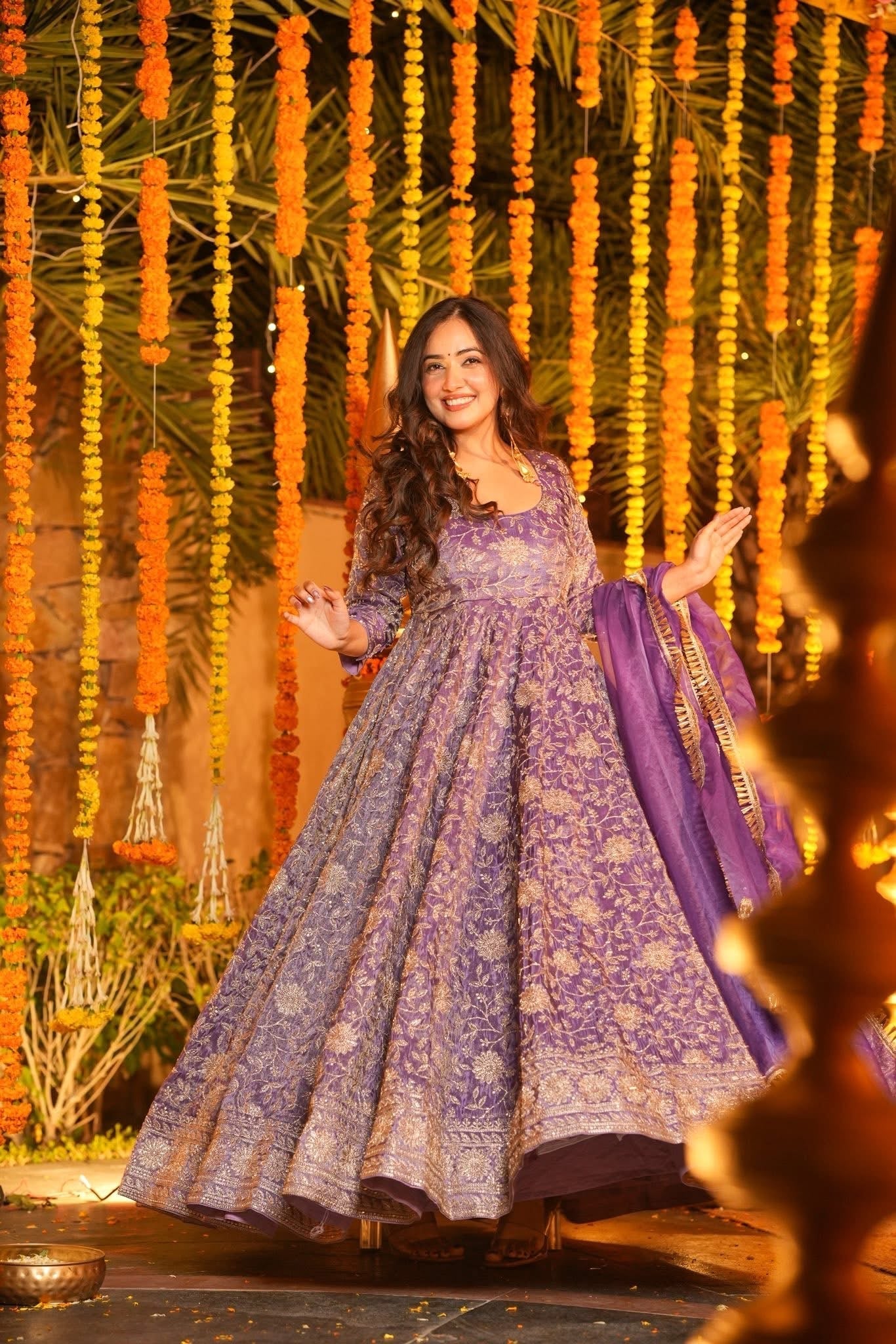 Women Purple Embroidered Anarkali Kurta Set with Organza Dupatta – Festive Wear