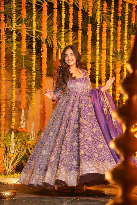 Women Purple Embroidered Anarkali Kurta Set with Organza Dupatta – Festive Wear