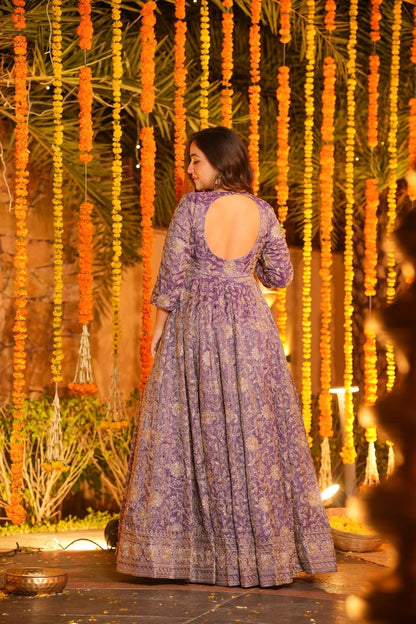 Women Purple Embroidered Anarkali Kurta Set with Organza Dupatta – Festive Wear