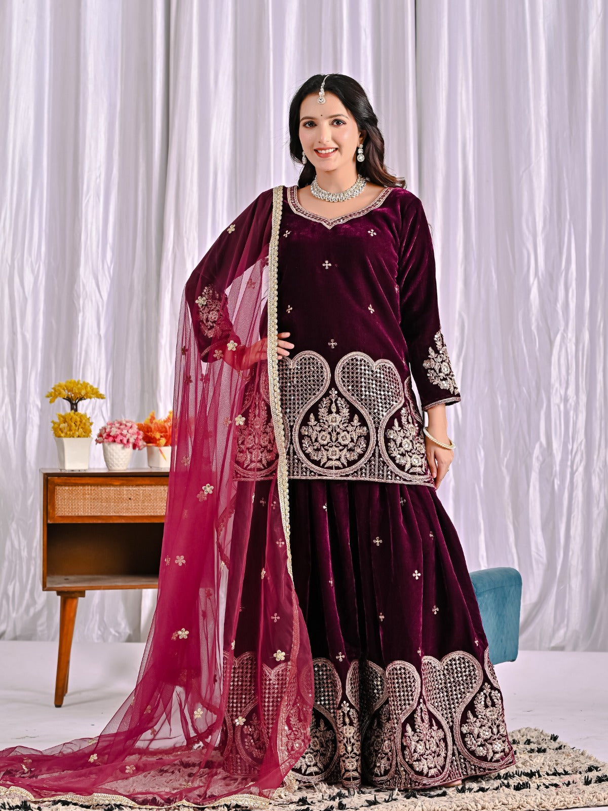 Premium Velvet Sharara Suit Set for Women – Heavy Viscose Velvet Multi-Needle Sequence Embroidery, Fully Stitched Top & Sharara, Butterfly Net Dupatta | Avishkar Culture