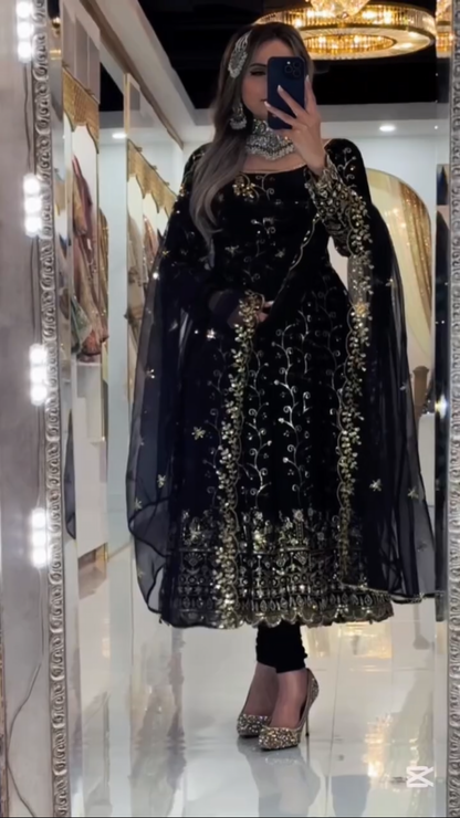 Premium Black Blooming Embroidered Anarkali Suit for Women | Party Wear