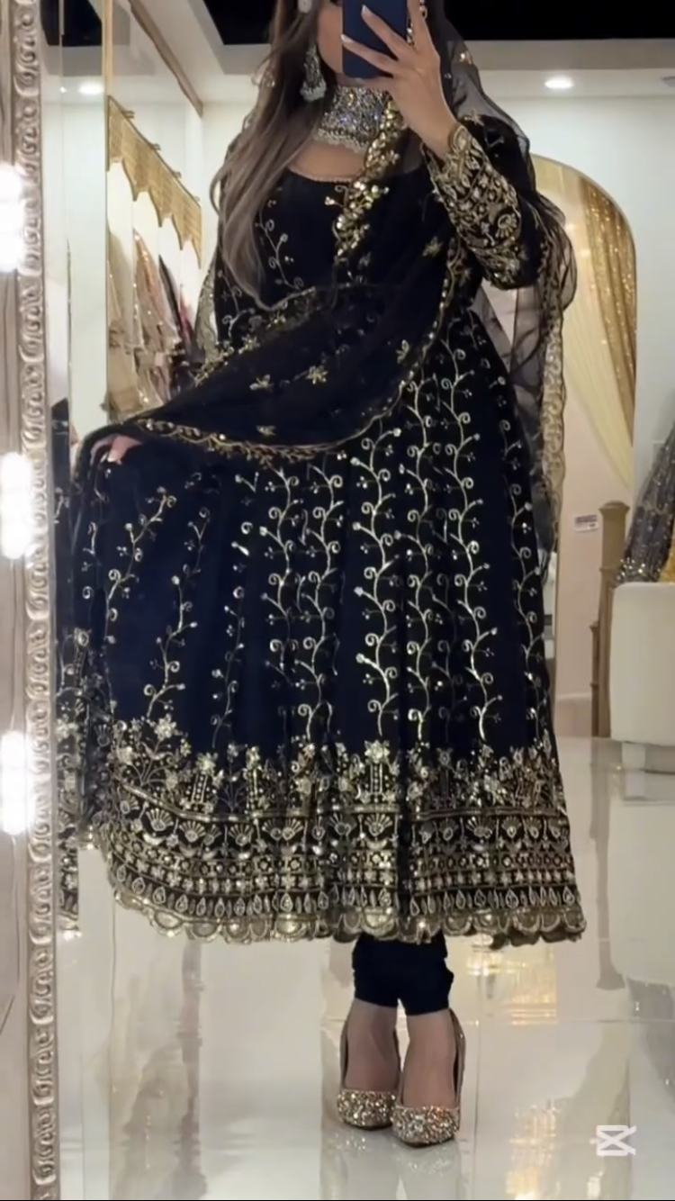 Premium Black Blooming Embroidered Anarkali Suit for Women | Party Wear