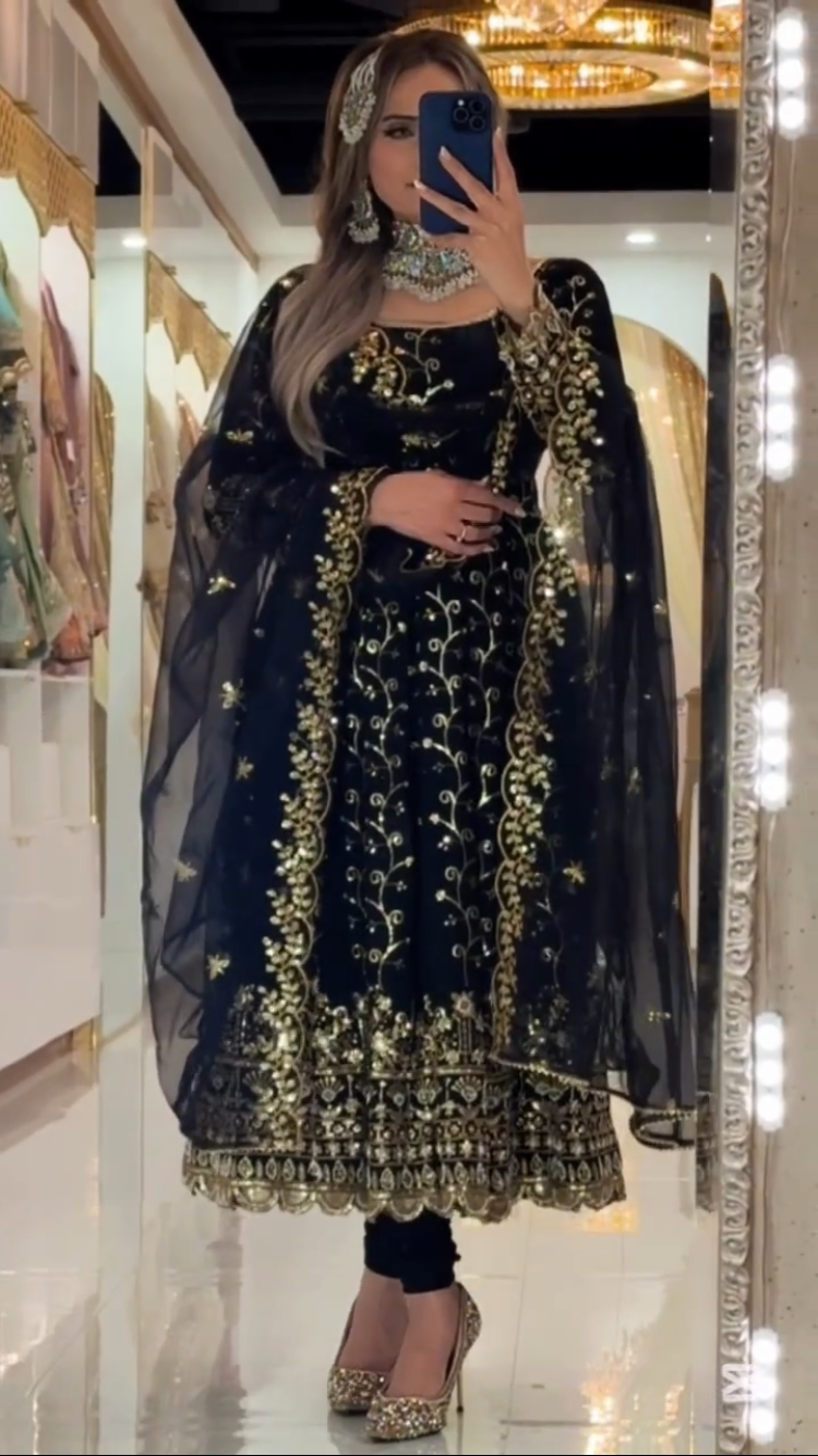 Premium Black Blooming Embroidered Anarkali Suit for Women | Party Wear