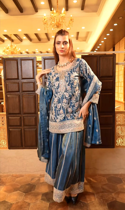 Designer Heavy Embroidered Chinnon Silk Top-Plazzo with Dupatta-( ND-1233 )