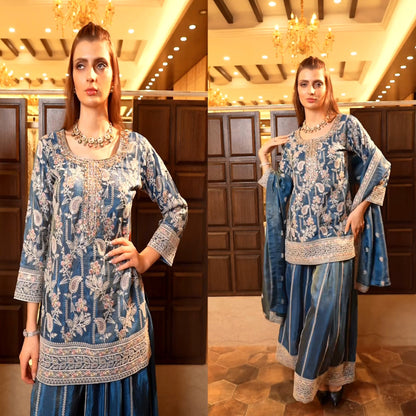 Designer Heavy Embroidered Chinnon Silk Top-Plazzo with Dupatta-( ND-1233 )
