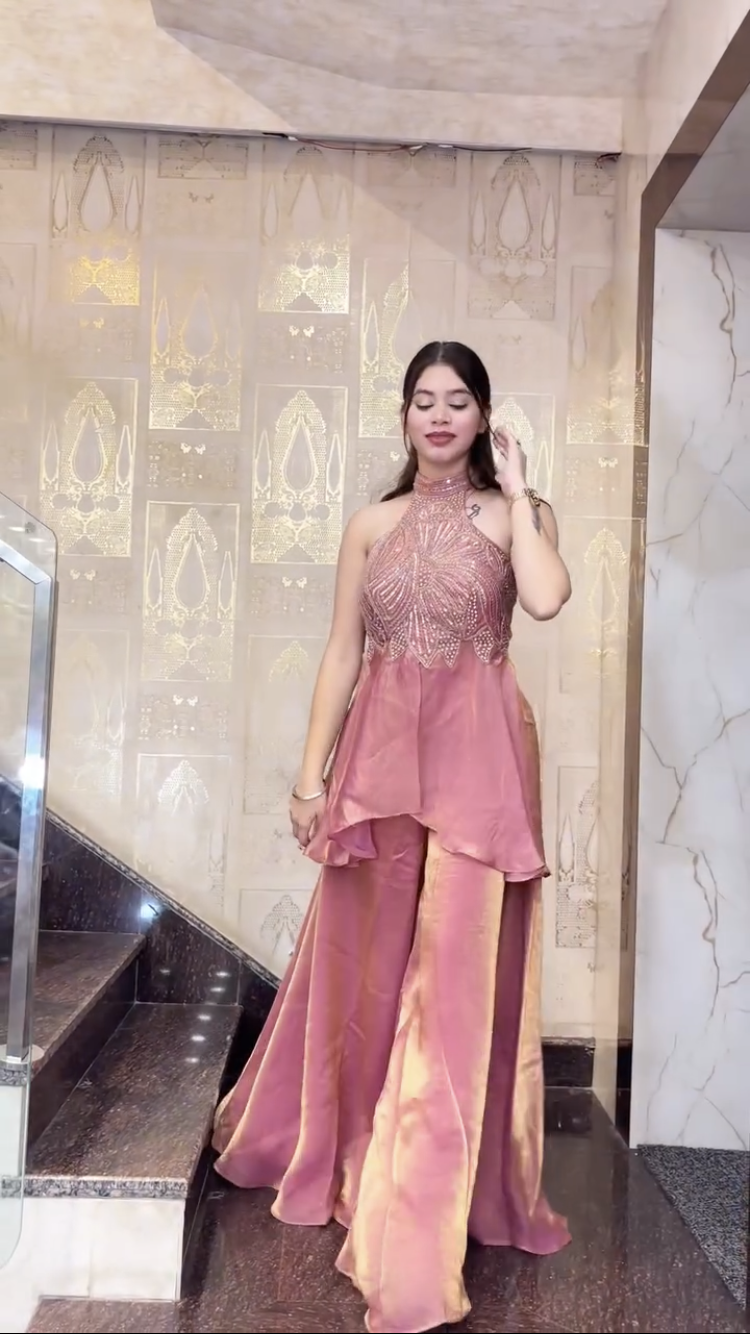 Designer Halter Neck Party Wear Top Palazzo Set with Heavy Embroidery