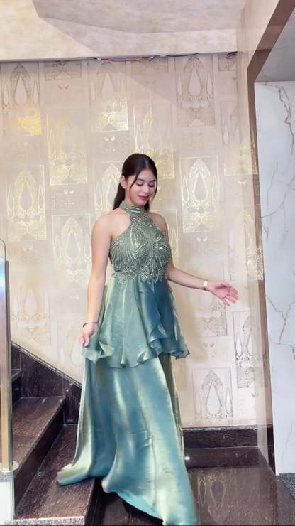 Designer Halter Neck Party Wear Top Palazzo Set with Heavy Embroidery