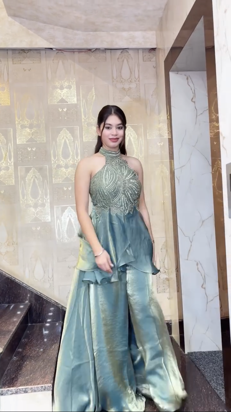 Designer Halter Neck Party Wear Top Palazzo Set with Heavy Embroidery