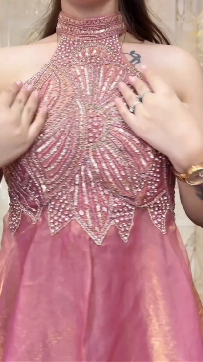 Designer Halter Neck Party Wear Top Palazzo Set with Heavy Embroidery