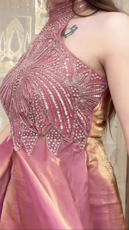 Designer Halter Neck Party Wear Top Palazzo Set with Heavy Embroidery