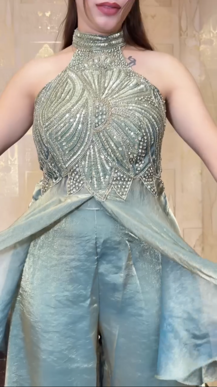 Designer Halter Neck Party Wear Top Palazzo Set with Heavy Embroidery