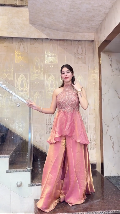 Designer Halter Neck Party Wear Top Palazzo Set with Heavy Embroidery