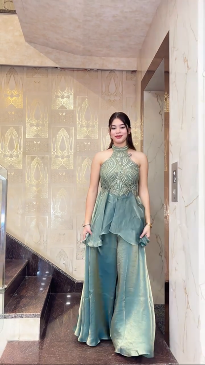 Designer Halter Neck Party Wear Top Palazzo Set with Heavy Embroidery