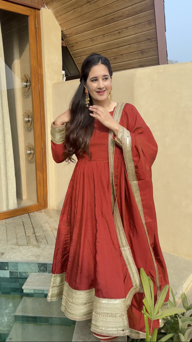 Women Orange Anarkali Kurta Set with Dupatta | Festive Ethnic Wear