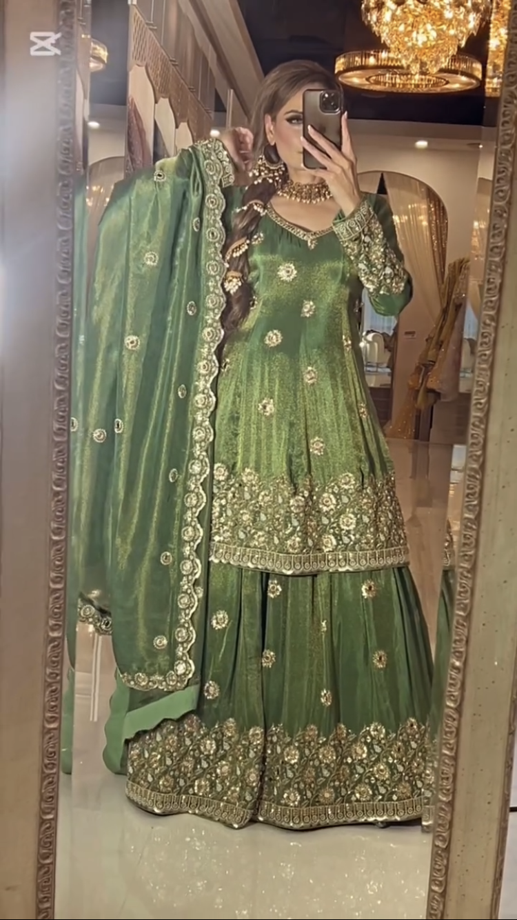 Green Heavy Embroidered Chinon Silk Lehenga Suit with Real Mirror Work & Dupatta for Wedding Wear