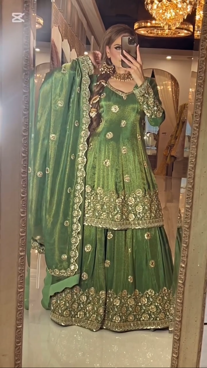 Green Heavy Embroidered Chinon Silk Lehenga Suit with Real Mirror Work & Dupatta for Wedding Wear