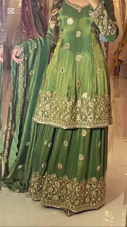 Green Heavy Embroidered Chinon Silk Lehenga Suit with Real Mirror Work & Dupatta for Wedding Wear