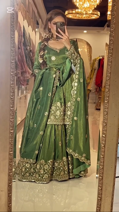 Green Heavy Embroidered Chinon Silk Lehenga Suit with Real Mirror Work & Dupatta for Wedding Wear