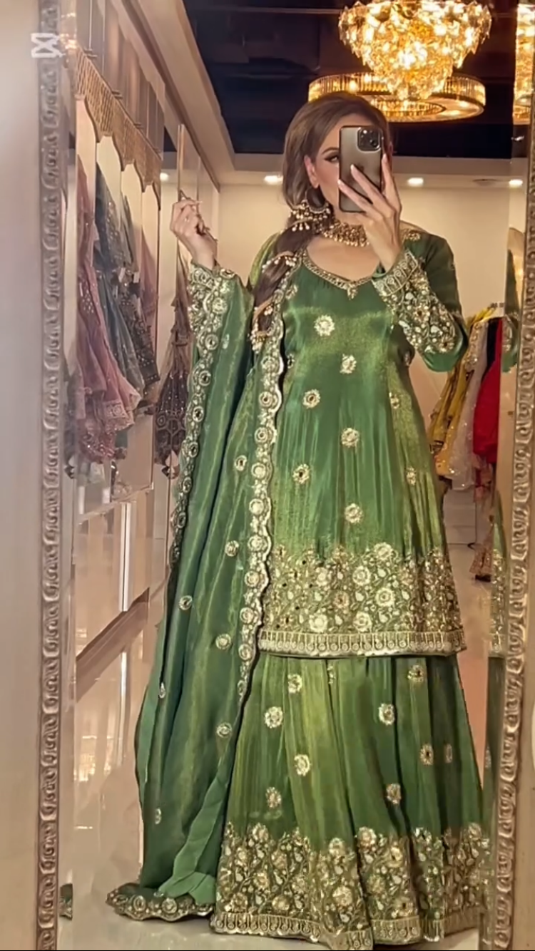 Green Heavy Embroidered Chinon Silk Lehenga Suit with Real Mirror Work & Dupatta for Wedding Wear