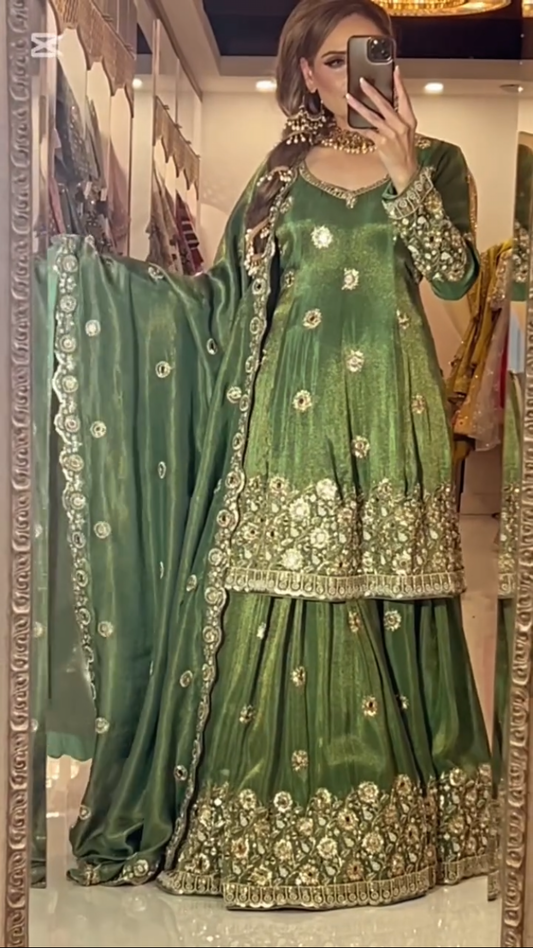 Green Heavy Embroidered Chinon Silk Lehenga Suit with Real Mirror Work & Dupatta for Wedding Wear