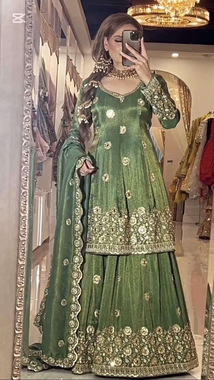 Green Heavy Embroidered Chinon Silk Lehenga Suit with Real Mirror Work & Dupatta for Wedding Wear
