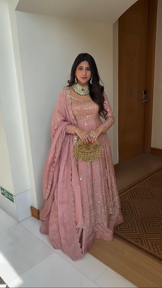 Blush Pink Crap Silk Hand Embroidered Anarkali Suit Set with Dupatta – Premium Festive Wear