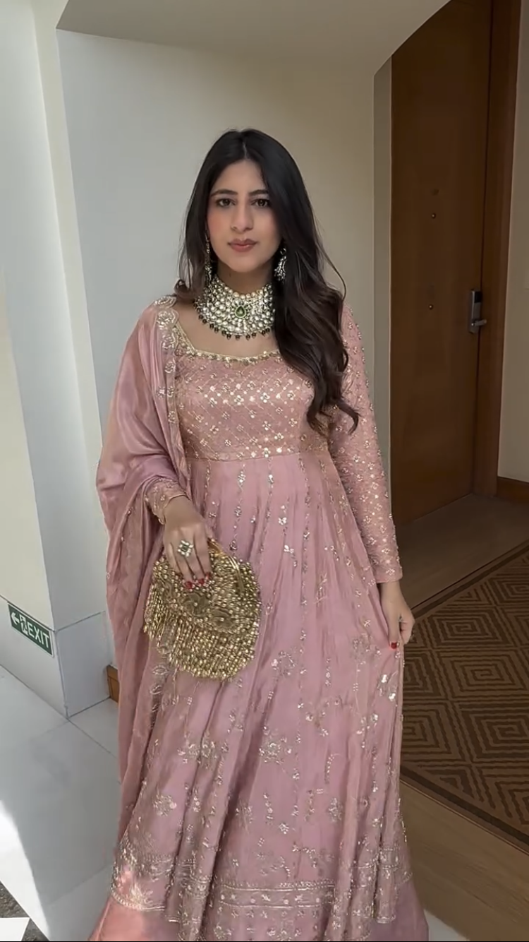 Blush Pink Crap Silk Hand Embroidered Anarkali Suit Set with Dupatta – Premium Festive Wear