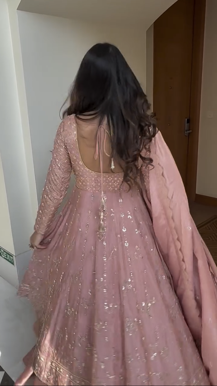 Blush Pink Crap Silk Hand Embroidered Anarkali Suit Set with Dupatta – Premium Festive Wear